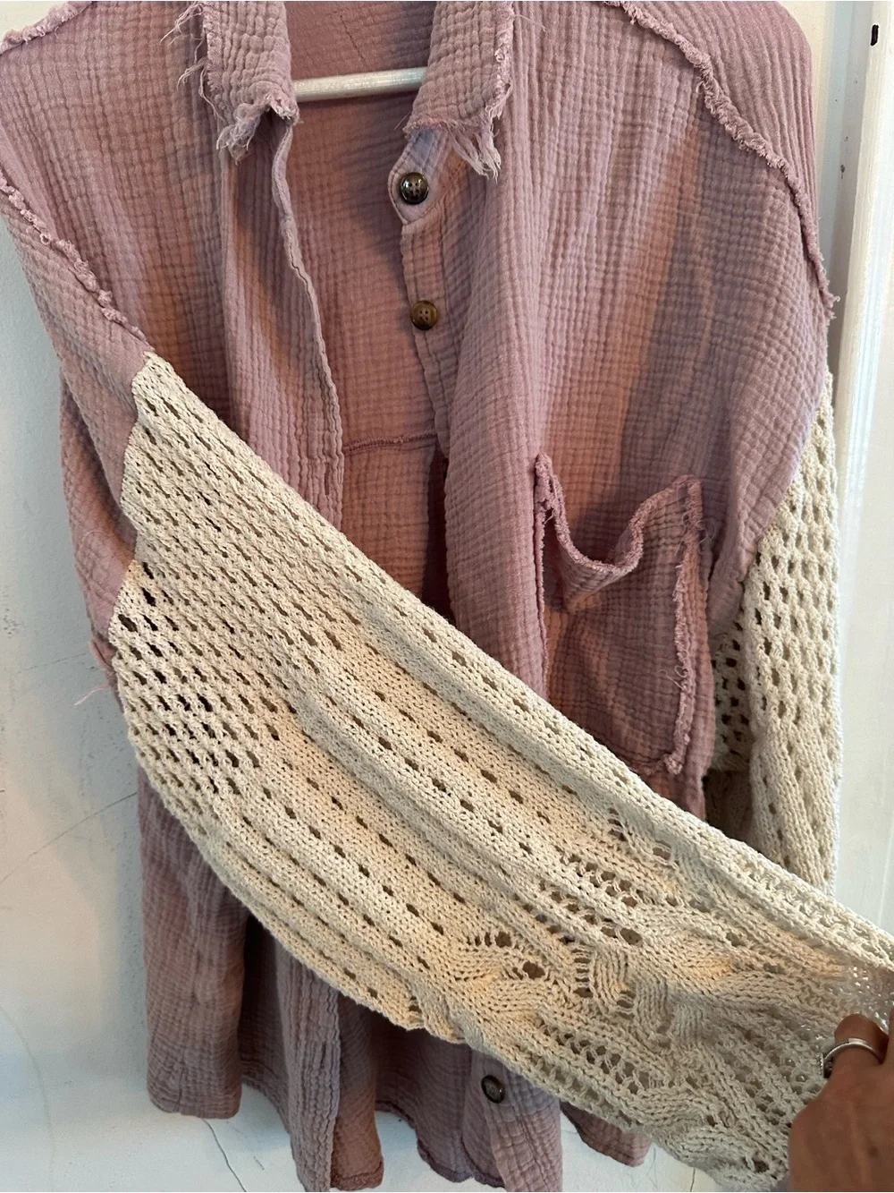POL Mauve Gauze Crochet Sleeve Shacket Boho Oversized Button Up | Medium - Picture 6 of 8